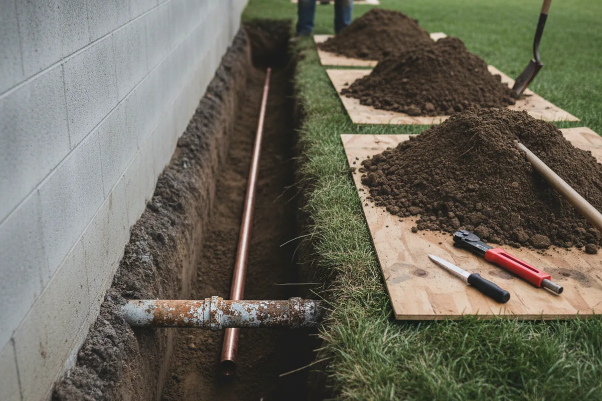 Excavated water line trench during Water Heater Repair in Nuremberg